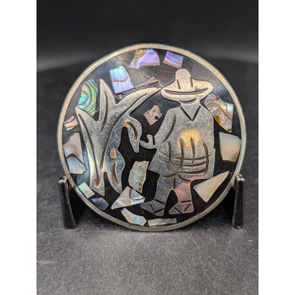 Vintage Mexican Abalone Shell Inlay Pin Brooch Pendant Campesino 1.625 In